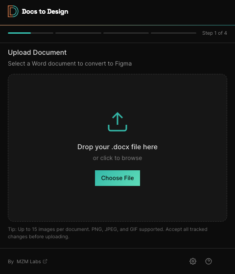 Plugin upload screen: drag and drop your .docx file