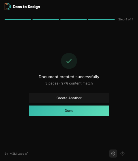 Plugin complete screen: document created with page count and content match score